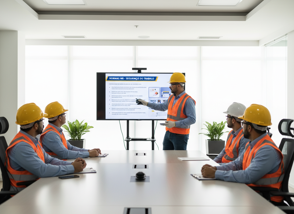 foto profissional horizontal de treinamento de segurança do trabalho em empresa: instrutor usando EPI apontando para apresentação sobre normas NR em tela, trabalhadores sentados usando capacete e outros EPIs, ambiente corporativo limpo e moderno, iluminação clara, tom sério e confiável