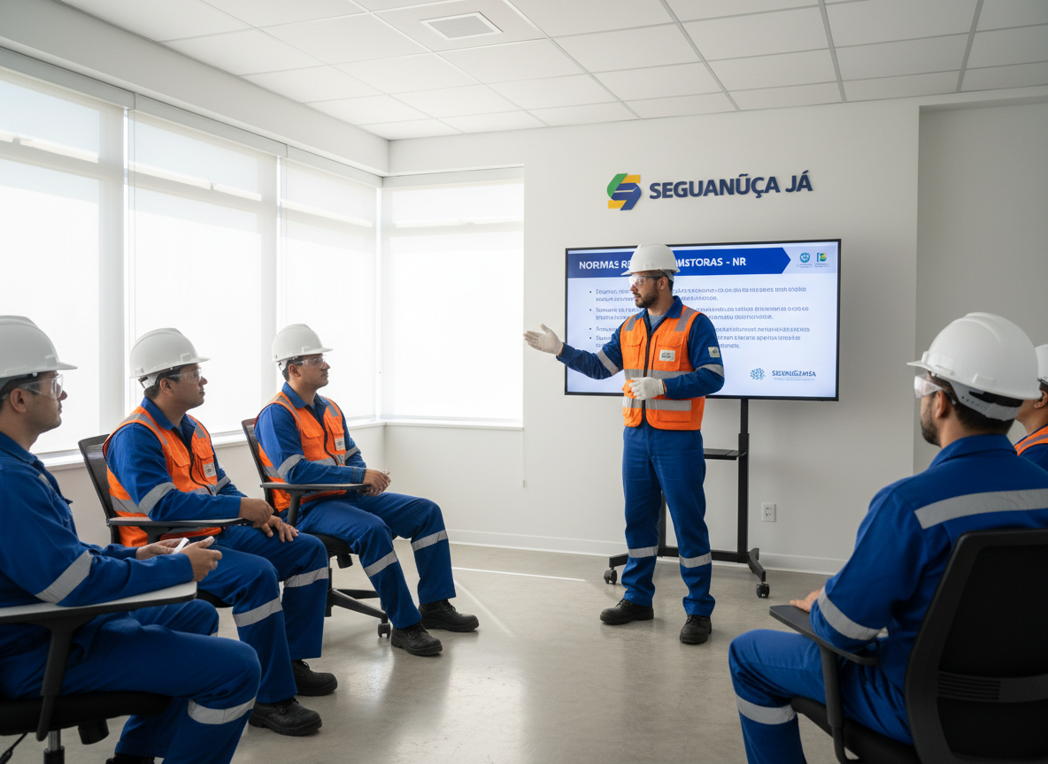 foto realista de treinamento de segurança do trabalho em empresa brasileira: instrutor usando EPI (capacete, colete, óculos) orientando grupo de trabalhadores também com EPI, ambiente corporativo limpo e moderno, slide sobre normas NR em tela, iluminação clara, estilo profissional e confiável, enquadramento horizontal