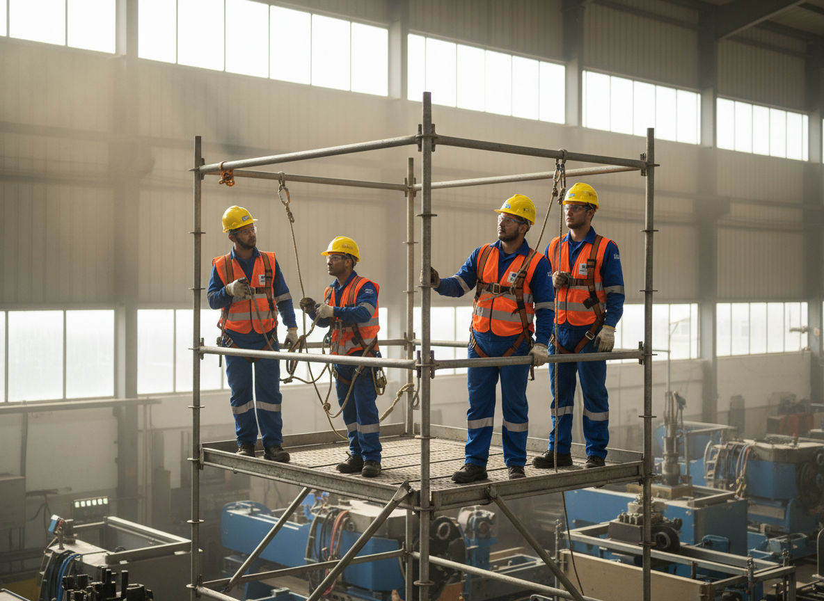 Trabalhadores brasileiros usando EPI completo (capacete, colete refletivo, óculos de segurança e trava-queda) em trabalho em altura sobre andaime em instalação industrial, ambiente profissional com boa iluminação natural