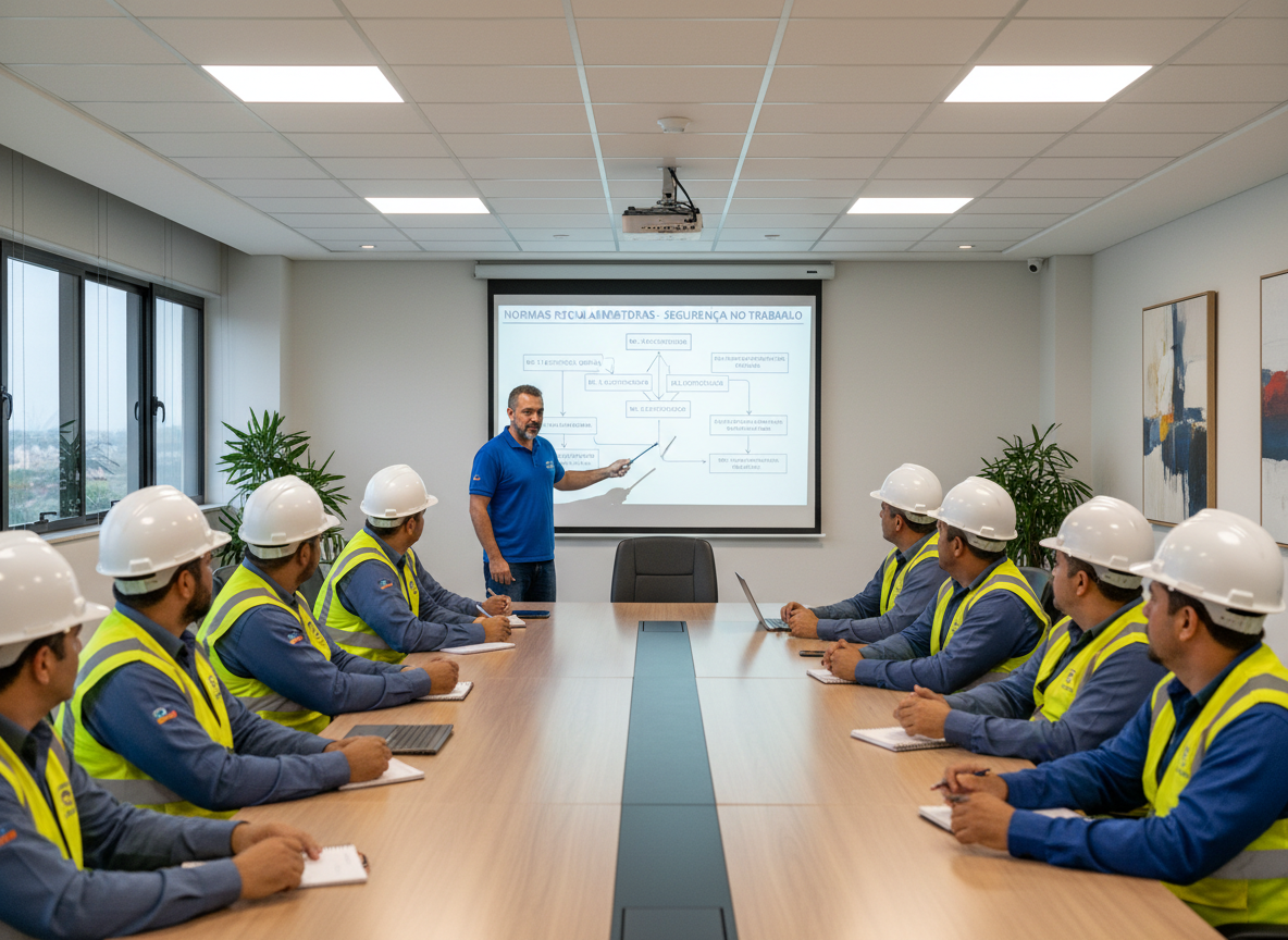 Instrutor de segurança do trabalho em sala de aula moderna conduzindo treinamento NR para trabalhadores sentados usando capacetes e coletes de segurança, apontando para quadro com regulamentações NR, ambiente corporativo profissional e bem iluminado