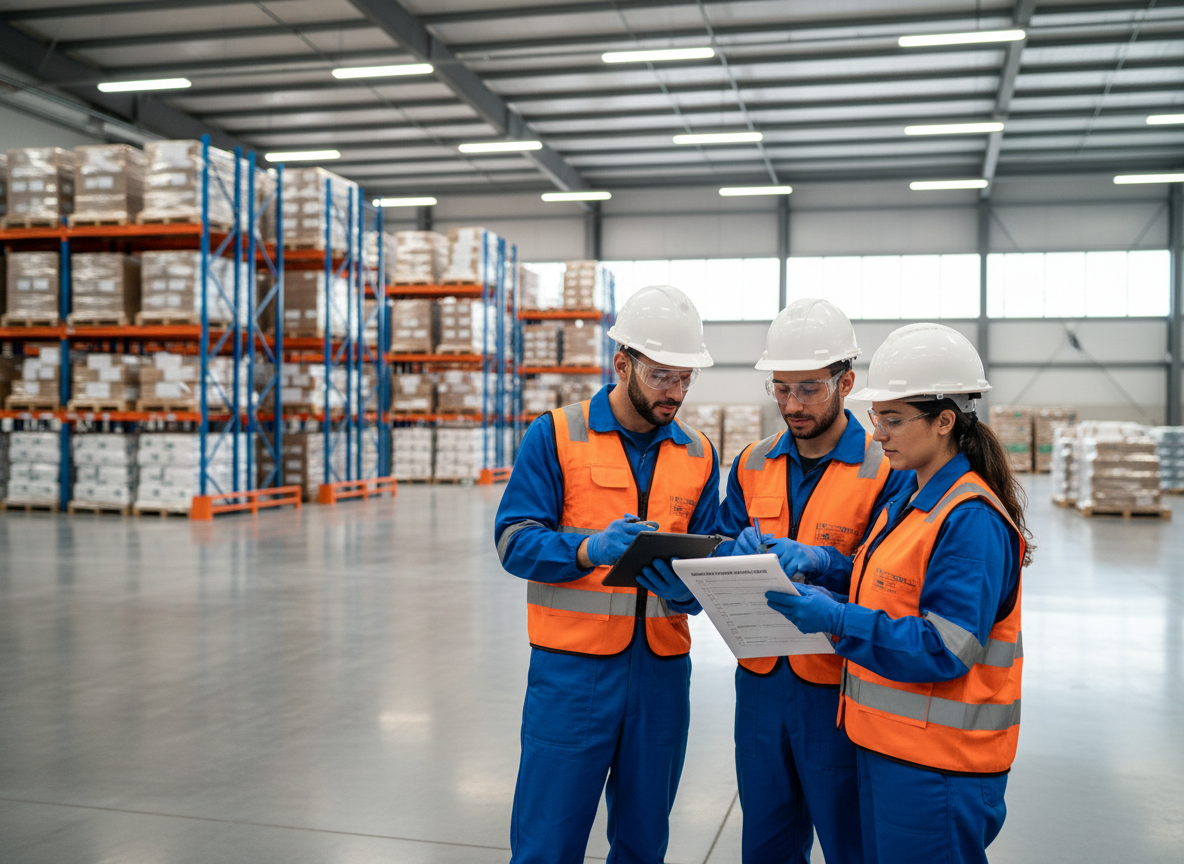 Trabalhadores brasileiros em armazém industrial moderno usando EPI completo (capacete, óculos de segurança, luvas e colete), colaborando em inspeção de segurança com checklist, ambiente profissional e confiável com boa iluminação